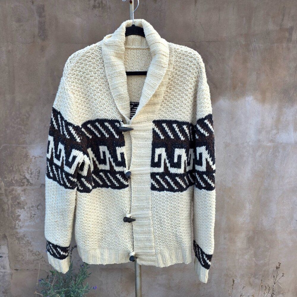 Vince cowl neck fisherman cardigan with indigenous design